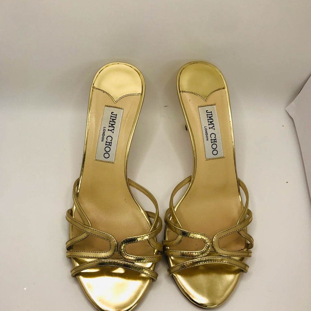 Jimmy Choo Metallic Gold Strappy Slide Heels - Picture 6 of 12